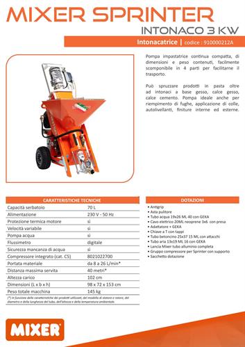 INTONACATRICE MIXER SPRINTER 220V - 3 KW